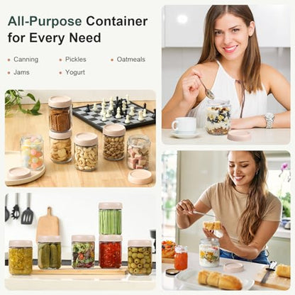 NETANY 6-pack 16oz Glass jars with Airtight Lids, Overnight Oats Containers with Lids, Wide mouth Mason Salad jars, Glass Food Storage Containers for Snacks Yogurt Spice Sugar-Beige - color: Beige-6pack-16oz