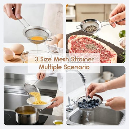 Fine Mesh Strainer Set of 3, Stainless Steel Sieve Sifters with handle, Medium Small Mini Size, Kitchen Strainers Colander Set for Sifting, Straining & Cooking