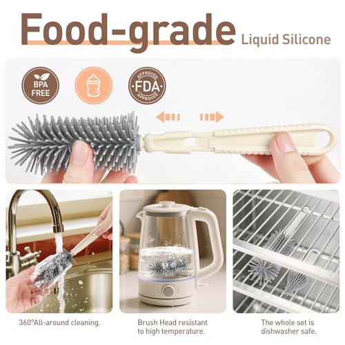 Baby Bottle Brush Set, 6-in-1 Travel Bottle Cleaner Kit with Silicone Bottle Brush, Nipple & Straw Brush, Soap Dispenser, Drying Rack, Storage Box – Compact Baby Travel Essential for Home & On-The-Go - color: Beige
