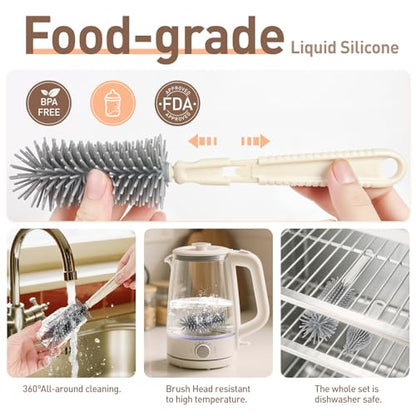 Baby Bottle Brush Set, 6-in-1 Travel Bottle Cleaner Kit with Silicone Bottle Brush, Nipple & Straw Brush, Soap Dispenser, Drying Rack, Storage Box – Compact Baby Travel Essential for Home & On-The-Go - color: Beige
