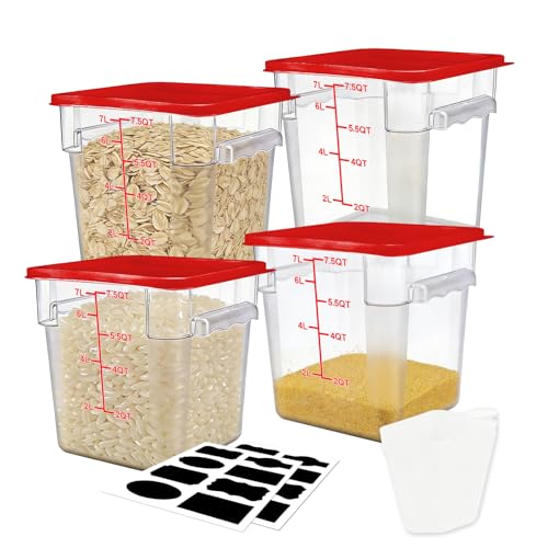 Square Storage Container with Lid, Commercial Box with Measurement Marks & Handle, for Baking, Dough Proofing, Meat Brining, Kitchen Tool(Red, 7.5QT-4PACK) - size: 7.5QT-4PACK