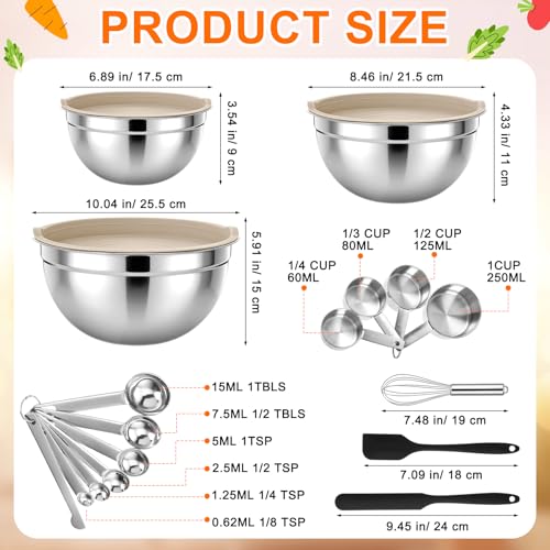 18 Pack Stainless Steel Mixing Bowls with Lids Set Includes Stainless Steel Measuring Cups and Spoons Wire Balloon Whisk Silicone Spatulas Suitable for Kitchen Cooking Baking(Khaki) - color: Khaki