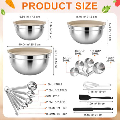 18 Pack Stainless Steel Mixing Bowls with Lids Set Includes Stainless Steel Measuring Cups and Spoons Wire Balloon Whisk Silicone Spatulas Suitable for Kitchen Cooking Baking(Khaki) - color: Khaki