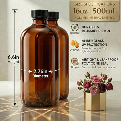 2pack 16oz amber Glass Bottles with Reusable Lids (2 Pack),Lab Bottles & Jars Reagent Bottles,Perfect Glass Containers for Secondary Fermentation,Storing condiment, Homemade Essential Oils (16 Ounce)