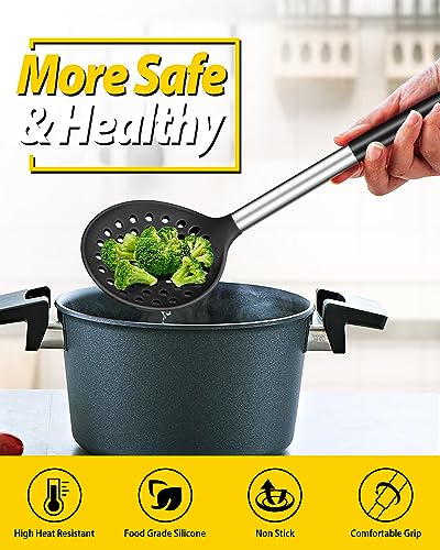 Kitchen Ladle Strainer Set of 2 Large Slotted Spoon with High Heat Resistant BPA Free Non Stick Cooking Skimmers For Draining and Frying (Black-White) - color: Black+White