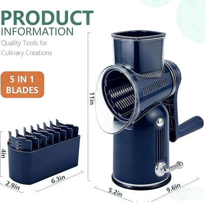Rotary Cheese Grater with Handle: 5-in-1 Cheese Grater Hand Crank, Strong Suction Base for Fruit Vegetables Nuts with Blade Storage Box(Purple) - color: Purple