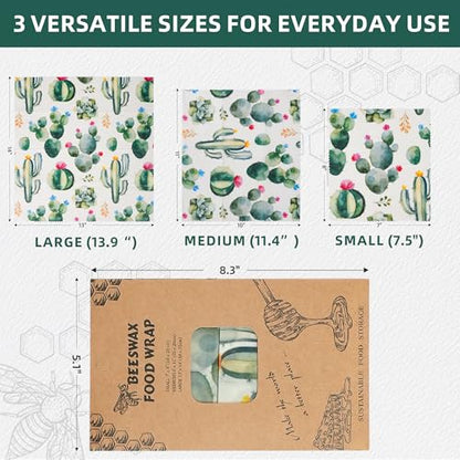 Cactus Beeswax Wraps, S/M/L 3 Pack Reusable Food Storage | Organic plastic-free sustainable wraps; For bread, sandwiches, cheese, fruit & bowl covering; Eco zero waste food storage