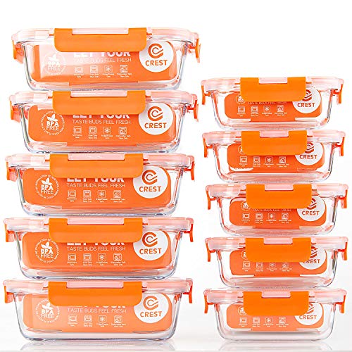 C CREST [10-Pack] Glass Food Storage Containers - Food Prep Containers with Lids - Microwave, Oven, Freezer and Dishwasher Safe - color: Orange