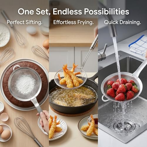 3 Pieces Spider Strainer Skimmer Spoon Set, Fine Mesh Stainless Steel Sieve Food Strainers, Large Hole Slotted Colander Frying Spoons, Strainer Ladle Wire Skimmer Spoon with Handle for Kitchen