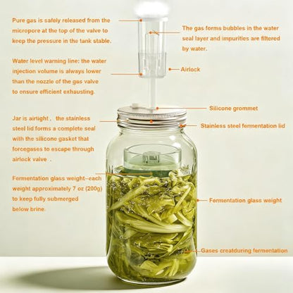 Fermentation Kit for Wide Mouth Mason Jars 8- Complete Pickling & Sauerkraut Set with Glass Weight, Stainless Steel Lid, Air Lock Valve, Silicone Seals (Jar Not Included)