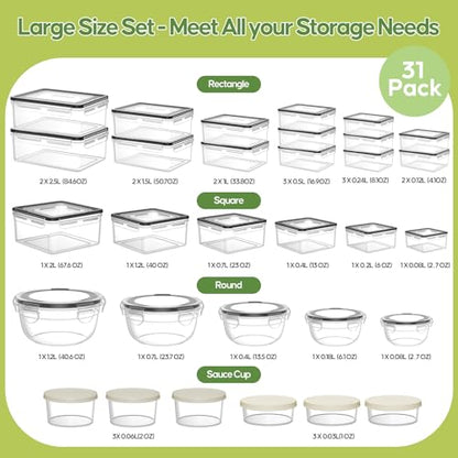 62 PCS Large Food Storage Containers with Lids Airtight (31 Lids &31 Containers) - Leakproof Meal-Prep Containers for Kitchen Storage Reusable Plastic Microwave/Dishwasher Safe with Labels & Pen - color: 31 Pack
