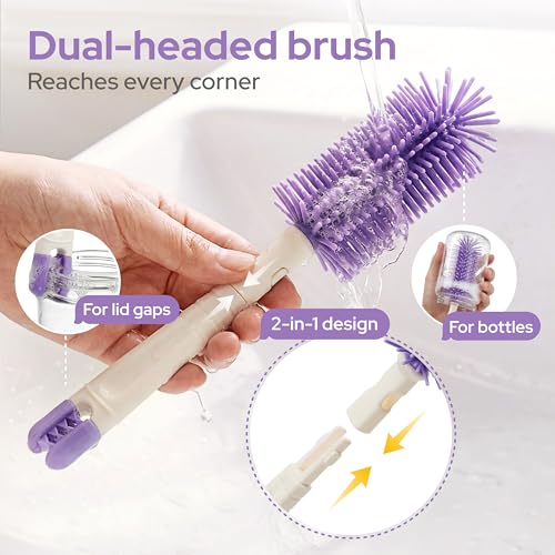 lalalark 7-in-1 Baby Bottle Brush Set, BPA Free Silicone Baby Bottle Cleaning Kit with No Scratch Dual-Headed Brush, Nipple Brushes,Soap Dispenser & Drying Rack,Travel Cleaner with Storage Case,Purple - color: Purple