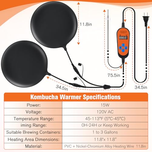Kombucha Heating Pad with Digital Temperature Control, 11.8" Fermentation Heating Pad, 45-113°F Adjustable Temperature, Proofing Mat for Glass and Plastic Carboy Fermentors(2 Pieces)
