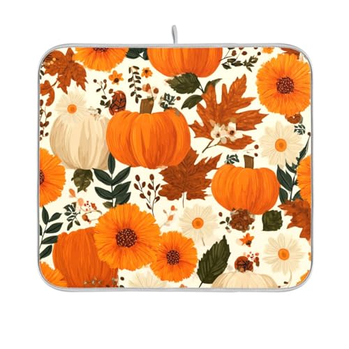 Dish Drying Mat for Kitchen Counter Dish Mat Dish Drainer Mats Kitchen Drying Mat Pad Microfiber Absorbent Reversible 16x18 Inch Beige Pumpkin Flower - color: Beige Pumpkin Flower, size: 18" x 16"