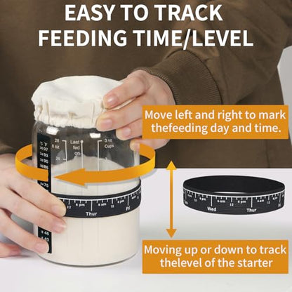 Kmise 2 Pack Sourdough Starter Jar Glass, 34 Oz Wide-mouth Sourdough Starter Jar Kit W/Acacia Spatula, Cholkboard Sign, Thermometer, Feeding Band, cloth cover,Reusable Sourdough Bread Baking Supplies - color: 2 ガラス