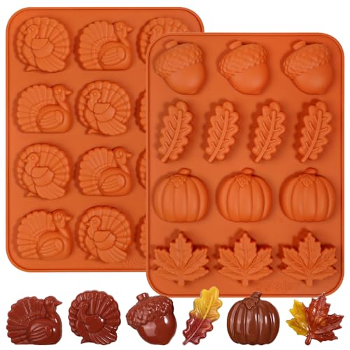 Webake The Original Thanksgiving Silicone Molds with Turkey, Pumpkin, Fall Leaf, Acorn Shapes, 2 Pack Turkey Mold for Candy, Cupcake Decorations, Thanksgiving, Halloween Fall Harvest Baking - style: Turkey