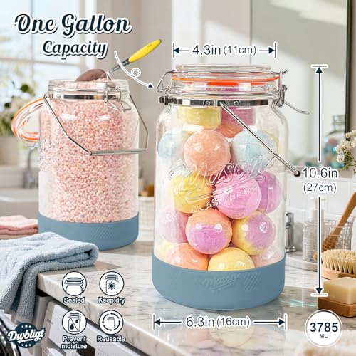 2 Packs 1 Gallon Glass Jars with Airtight Lids, Wide Mouth Mason Jars with Clip Top & Stainless Steel Handle & Silicone Base, Glass Storage Containers for Kitchen Storage, Pickling-Dual Scale - size: 1 Gallon/Glass Lid