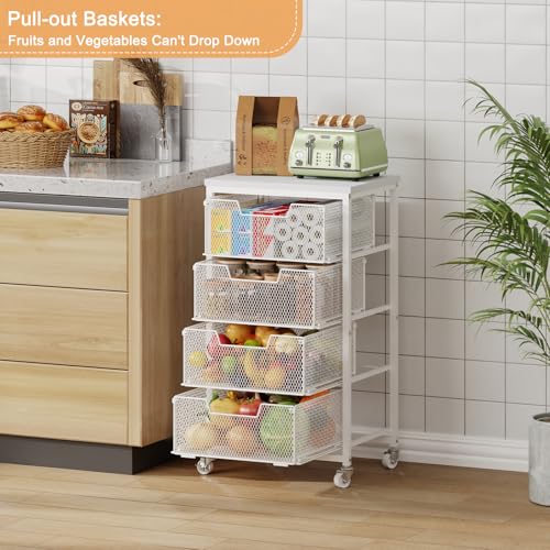 4-Tier Kitchen Storage Cart - Fruit Vegetable Storage Cart with Drawers, Wooden Top Metal Wire Kitchen Organizer and Storage Cart with Wheels to Storage Onions Potatoes Cans Snacks for Kitchen - size: White