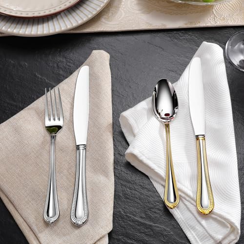 KEAWELL Pearl Edge 4-Piece Premium Dinner Knives: Stainless Steel Table Knives with a Refined Bead Design, Brightly Polished, 9.6 Inches, Dishwasher Safe. (Gold Accent) - color: Gold Accent