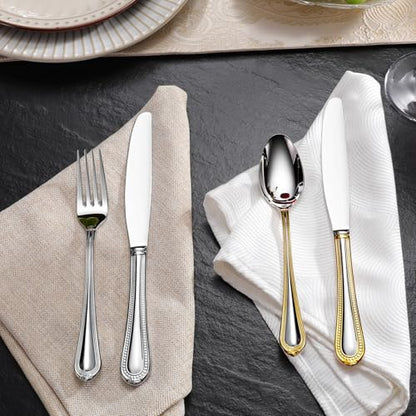 KEAWELL Pearl Edge 4-Piece Premium Dinner Knives: Stainless Steel Table Knives with a Refined Bead Design, Brightly Polished, 9.6 Inches, Dishwasher Safe. (Gold Accent) - color: Gold Accent