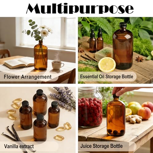 Maredash 32 oz Amber Glass Bottles – 4-Pack,Brown Glass Bottles, 2 Funnels, 8 Labels & Pen – Reusable Containers for Essential Oils, DIY Cleaning, Beer, Kombucha Storage