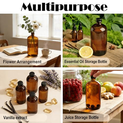 Maredash 32 oz Amber Glass Bottles – 4-Pack,Brown Glass Bottles, 2 Funnels, 8 Labels & Pen – Reusable Containers for Essential Oils, DIY Cleaning, Beer, Kombucha Storage