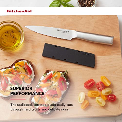 KitchenAid Gourmet Forged Stainless Steel Serrated Utility Knife with Custom-Fit Blade Cover, 5.5-inch, Sharp Kitchen Knife, Brushed Stainless Steel Handle - style: 5.5-Inch Serrated Utility Knife