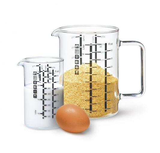 Simax Glass Measuring Cup, Durable Borosilicate Glass, Pack of 2 includes 32 oz and 16 oz Easy to Read Metric Measurements in Liter, Milliliter, Ounce, Sugar Grams, Drip Free Spout, Microwave Safe - size: 2-Pack: 32 Ounce and 16 Ounce
