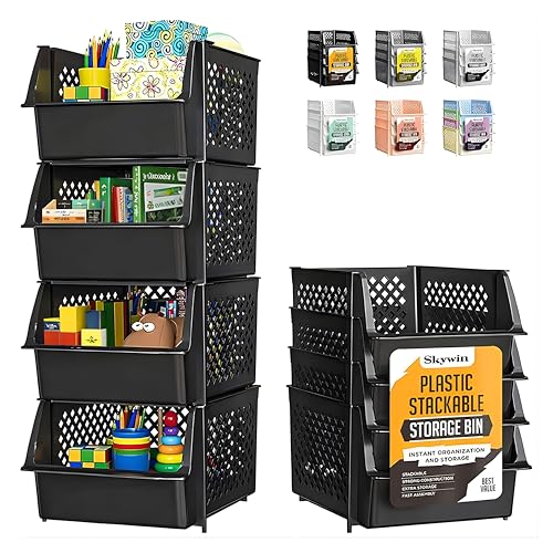 Skywin Stackable Storage Bins Open Front for Pantry Storage, 4 Pack - Black | Sturdy Plastic, Easy Stacking, Open Front Access, Ventilated Sides, Vertical & Space Saving Pantry Organizers and Storage Bin - color: Black, size: 4 Pack