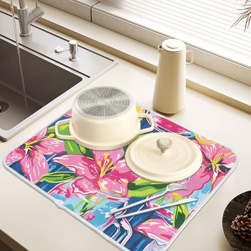 Lily Pulitzer Mason Jars Dish Drying Mats for Kitchen Counter, 18x24 inch Drying Dishes Absorbent Microfiber Dish Drainer Mat Rack Pad Fast Dry - size: 18x24in
