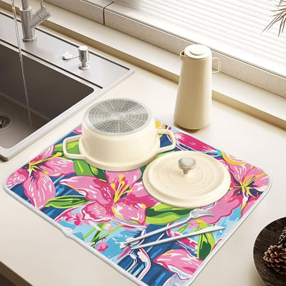 Lily Pulitzer Mason Jars Dish Drying Mats for Kitchen Counter, Microfiber Dish Drainer Mat 16 x 18 Inch Absorbent Washable Rack Pad Drying Dishes - size: 16x18in