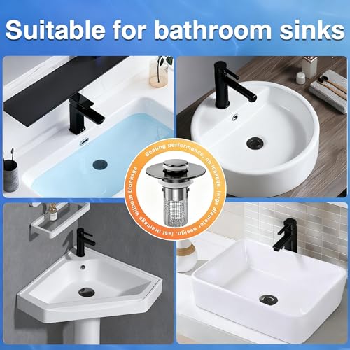 Bathroom Sink Drain Strainer,(2PCS) Pop-up Sink Drain Strainer with Removable Stainless Steel Strainer Basket Hair Catcher, Bathroom Sink Strainer for Bathroom Sink Stopper Replacement - color: Matte Black-2pack