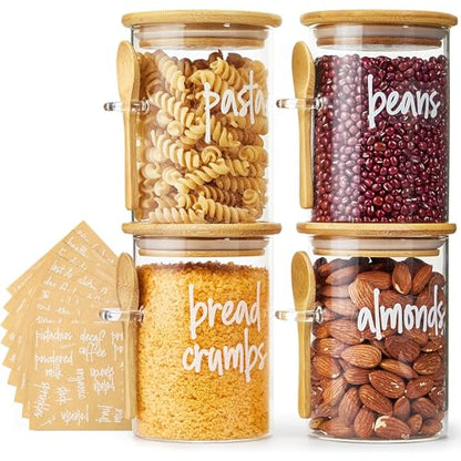 Talented Kitchen Glass Food Storage Containers with Lids - 4-Pack 17 oz Glass - Stackable Kitchen Jars for Pantry, Spice Jars & Coffee Containers for Countertop - Attached Spoons & 157 Labels