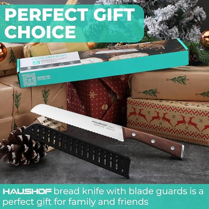 HAUSHOF Bread Knife with Sheath, 8-Inch Serrated Bread Knife for Homemade Bread, 5Cr15Mov Premium Stainless Steel Bread Cutter with Gift Box for Mom Dad, Full Tang and Ergonomic Handle - size: 8"