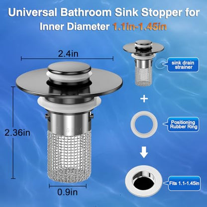 Bathroom Sink Drain Strainer,(2PCS) Pop-up Sink Drain Strainer with Removable Stainless Steel Strainer Basket Hair Catcher, Bathroom Sink Strainer for Bathroom Sink Stopper Replacement - color: Matte Black-2pack