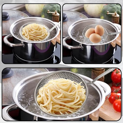 Spider Strainer & Skimmer Spoon Set, 3-Piece Stainless Steel Ladle Metal Wire Sieve Large Holes Slotted Colander Fryer Scoop Fine Mesh Strainers with Long Handle, Food Sifter for Kitchen Cooking