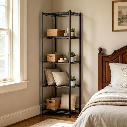 Wire Storage Standing Shelf Rack Tower, Corner Metal Shelving Unit with Adjustable Shelves, Space-Saving Organizer for Garage, Kitchen, Bathroom, 18 * 18 Inch - size: 5 Tier 18 Inch Width