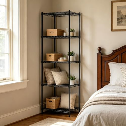Wire Storage Standing Shelf Rack Tower, Corner Metal Shelving Unit with Adjustable Shelves, Space-Saving Organizer for Garage, Kitchen, Bathroom, 18 * 18 Inch - size: 5 Tier 18 Inch Width