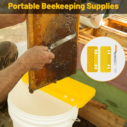 Uncapping Tank Holder- Plastic Honey Bucket Scraper Tool Stainless Steel Serrated Uncapping Knife Set Honey Harvesting Equipment
