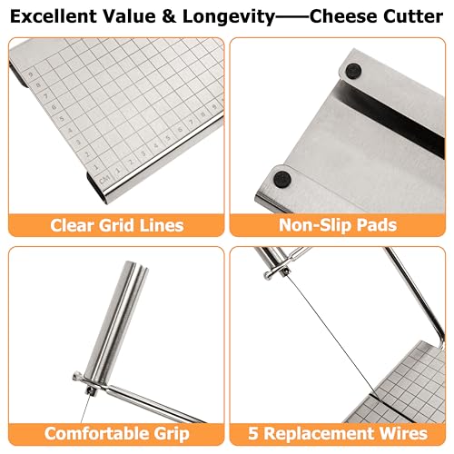 RedCall Cheese Slicer with 4 Piece Cheese Knives Set, Stainless Steel Cheese Cutter with Measuring Grids,Tightness Adjustable Wire Cheese Slicer for Block Cheese, with 5 Extra Wires