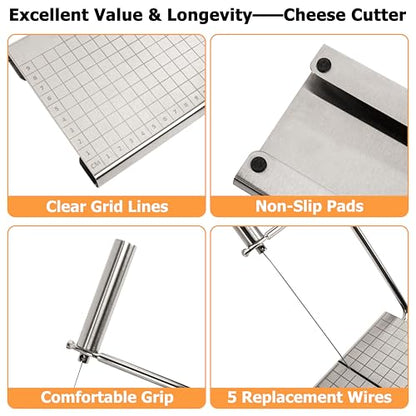 RedCall Cheese Slicer with 4 Piece Cheese Knives Set, Stainless Steel Cheese Cutter with Measuring Grids,Tightness Adjustable Wire Cheese Slicer for Block Cheese, with 5 Extra Wires