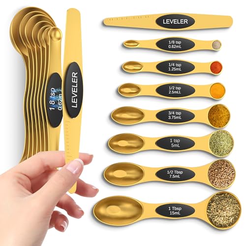 Magnetic Measuring Spoons Set with Strong N45 Magnets, Heavy Duty Stainless Steel Metal, Fits in Most Kitchen Spice Jars for Baking & Cooking, BPA Free, Multicolor, Set of 8 with Leveler(Gold) - color: Gold