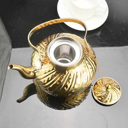 SANQIAHOME 2000ml stainless steel antique style teapot,with Infuser, thickened boiling kettle, lifting handle,Gold - color: Gold(D), size: 2000ml
