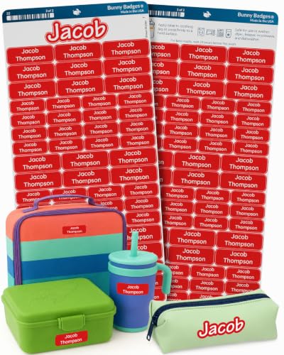 Bunny Badges Personalized Daycare Name Labels for Kids (120 Labels) Custom Label for Clothing Tag - Waterproof Name Stickers for Clothing Tags, Bottles, Backpacks and School Supplies (Torch Red) - color: Torch Red