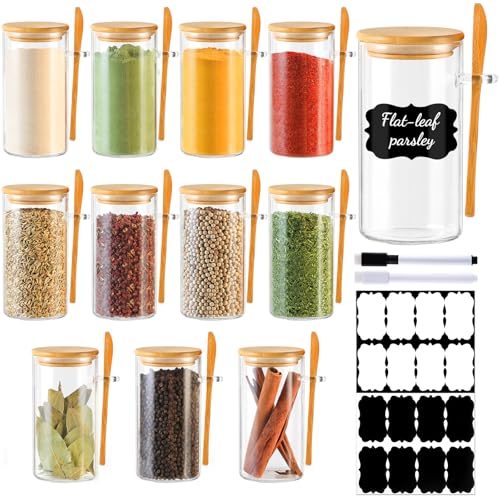 TBWIND 12 Pack 10 oz Round Glass Spice Jars with Lids and Spoons – Airtight Small Spice Containers Set with Labels, Clear Glass Storage Jars for Seasoning, Spices, Kitchen Pantry Organization - color: Round/10oz/12pcs/Spoon