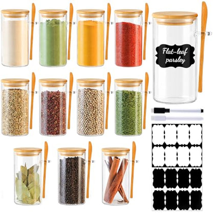 TBWIND 12 Pack 10 oz Round Glass Spice Jars with Lids and Spoons – Airtight Small Spice Containers Set with Labels, Clear Glass Storage Jars for Seasoning, Spices, Kitchen Pantry Organization - color: Round/10oz/12pcs/Spoon