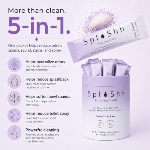 SplaShh 5 in 1 Foaming Toilet Bowl Cleaner, 30 Powder Packets, Fresh Citrus Scent, No Harsh Chemicals, Easy Clean, Replaces Sprays, Pods & Tablets, Stain & Odor Remover, Convenient Pouches