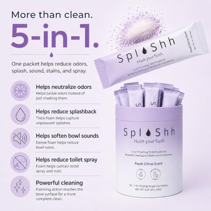 SplaShh 5 in 1 Foaming Toilet Bowl Cleaner, 30 Powder Packets, Fresh Citrus Scent, No Harsh Chemicals, Easy Clean, Replaces Sprays, Pods & Tablets, Stain & Odor Remover, Convenient Pouches