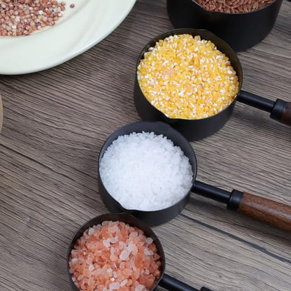 Set of 4 Measuring Cups and Spoons Black Measuring Cups with Wooden Handle Stainless Steel Measuring Spoons and Scoops Set for Kitchen Flour Spice Seasoning Measurement (1+1/2+1/3+1/4 Cup) - size: 1+1/2+1/3+1/4 Cup
