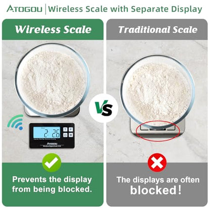 Atogou Food Scale, 33lb Wireless Kitchen Scale with Remote Display, 1g/0.1oz Precise Graduation, Food-Grade 304 Stainless Steel, Digital Food Scale for Cooking, Baking, Postage, Shipping, Black&Silver